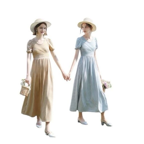 Cottagecore Coastal Neutral Feminine striped wrap puffed sleeves Maxi dress L - Picture 3 of 16